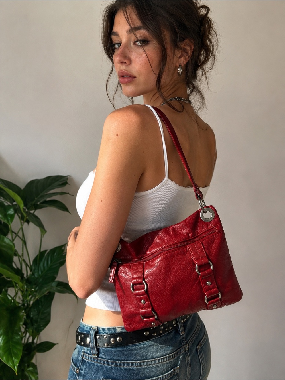 Red Faux Leather Y2K Shoulder Bag Silver Ring Hardware Purse